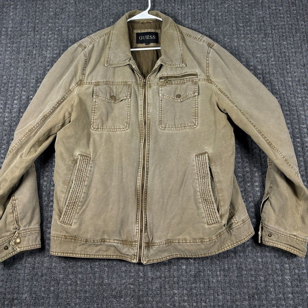 Guess Quilted Field Bomber Jacket Full Zip Utility Coat XL Olive Green